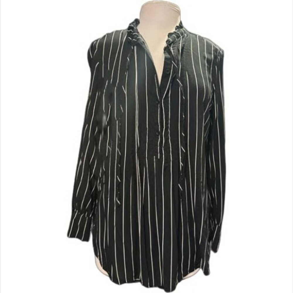 Vera Wang Womens Black White Vertical Stripe Blouse Long Sleeve Ruffle Collar SM